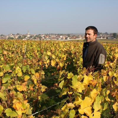 Arnaud Ente in his 1er cru vineyard La Goutte d'Or, the village of Meursault is on the background