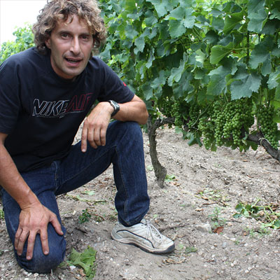 Michel Théron in the vineyard of Clos du Jaugueyron: look how perfect his grapes are lined up!