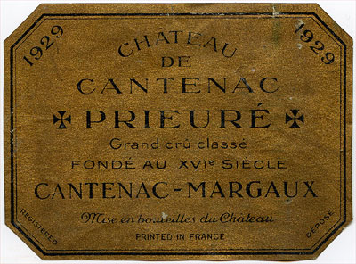 The label of Château Prieuré de Cantenac 1929